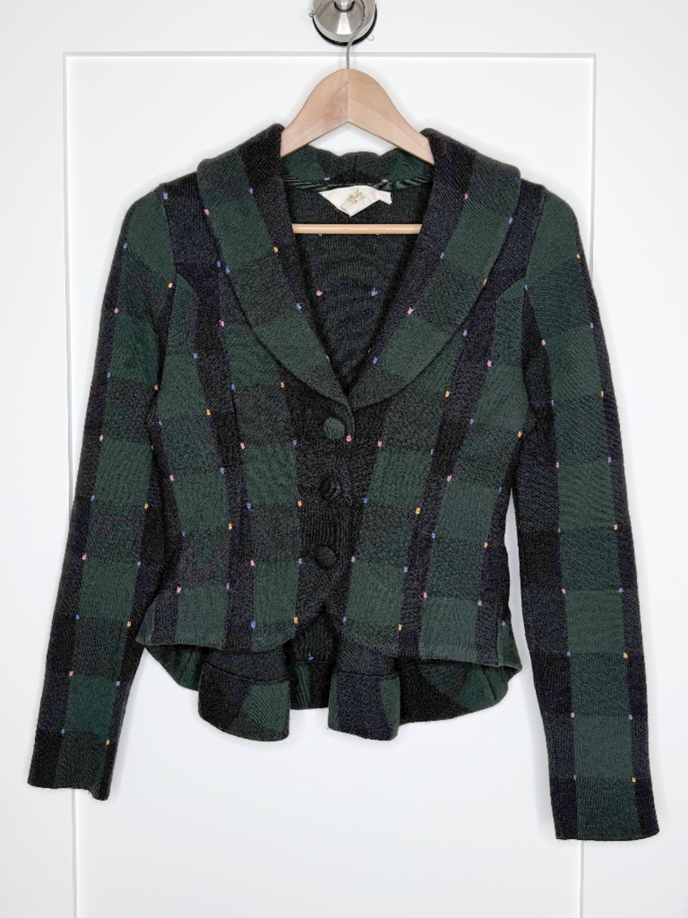 Anthropologie HWR Green Plaid Confetti Knit Peplum Blazer Jacket XS